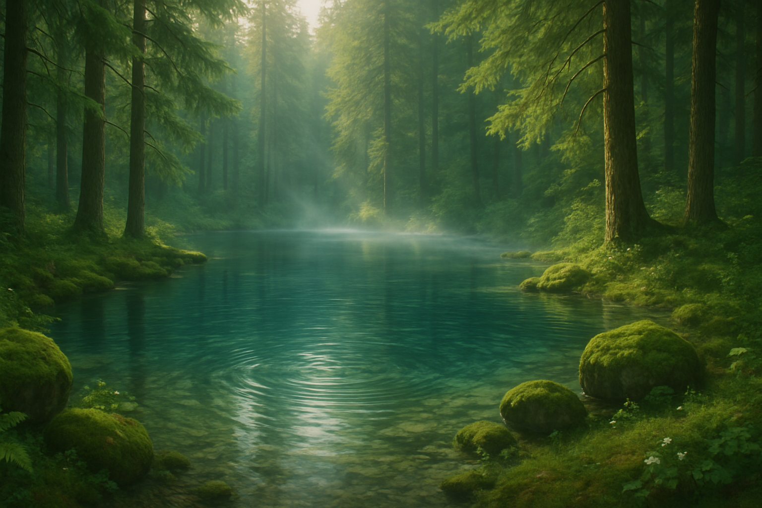a calming image with forest and water